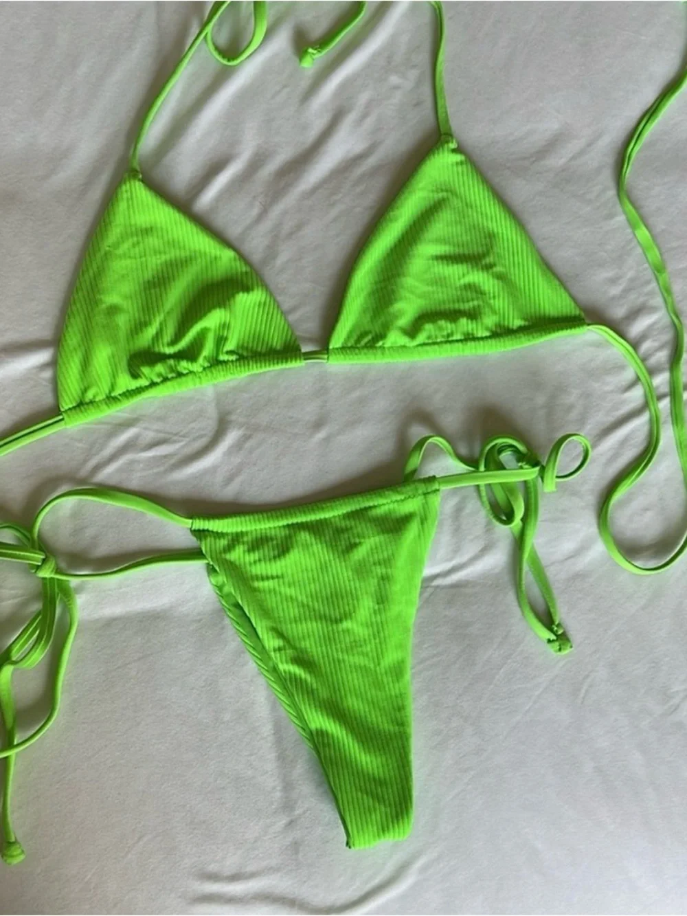 Frankie's Bikinis Neon Green Ribbed Tie-Side Triangle Bikini set, Sm top/Med bot